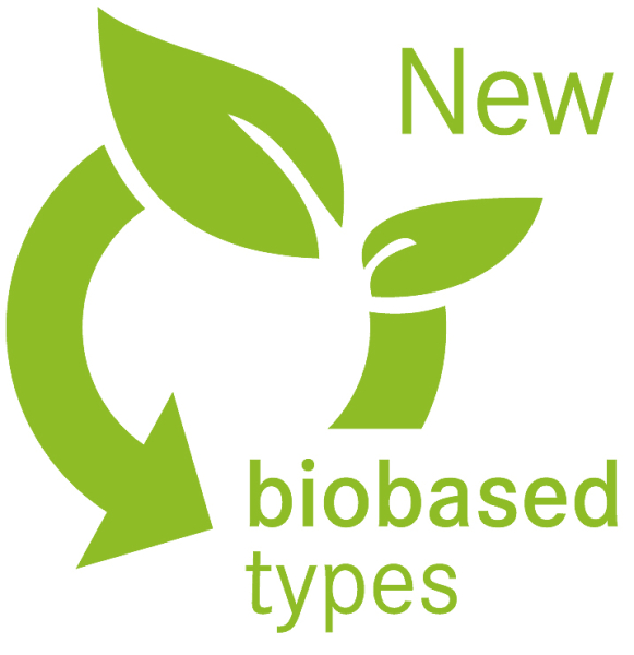 Grünes Logo mit Blättern, Pfeil und Text: „New biobased types“.