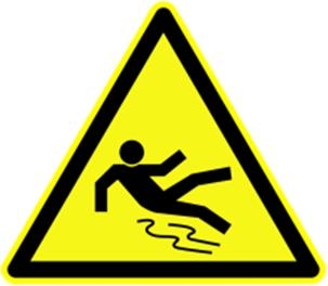 Warnschild: Rutschgefahr durch rutschende Person auf gelbem Dreieck.